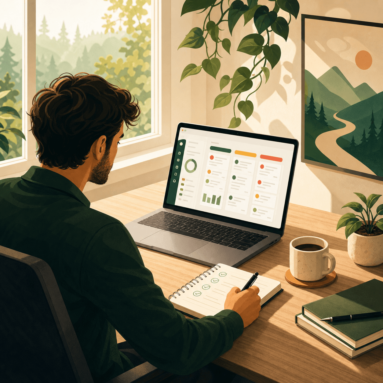 Founder planning marketing work at a laptop