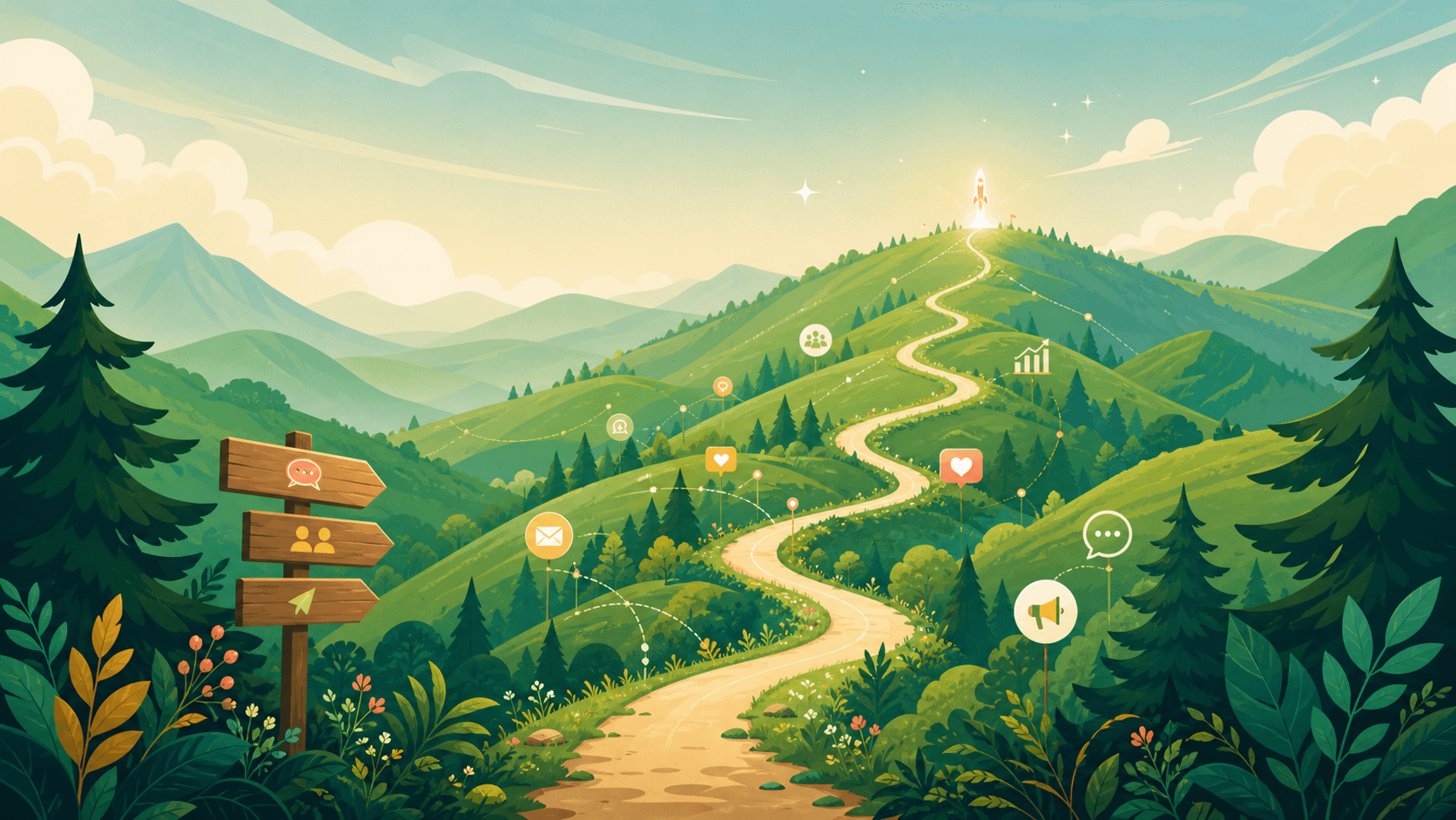 Illustrated green hills with a winding launch path